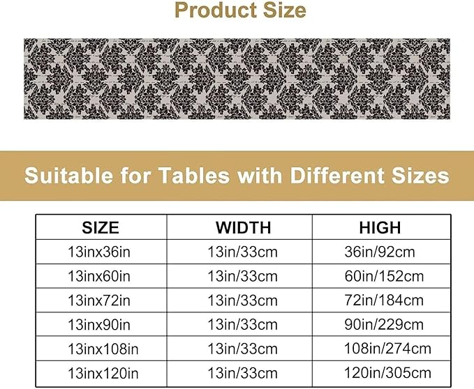 Black Damascus Royal Flowers Table Runner Vintage Classic Flower Table Runner for Kitchen Dining Party Decor 13x108in