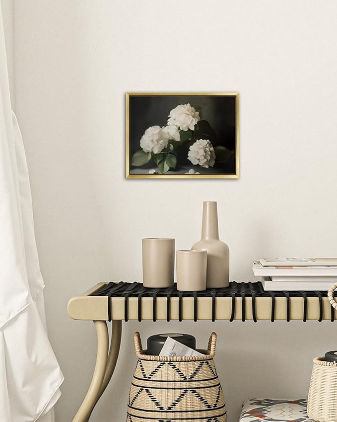 AIMAILON Vintage Gold Canvas Wall Art Framed Decor Classical Botanical Aesthetic Picture Blooming White Hydrangea Flowers Artwork Retro Light Boho Print Desktop Decoration 12x16