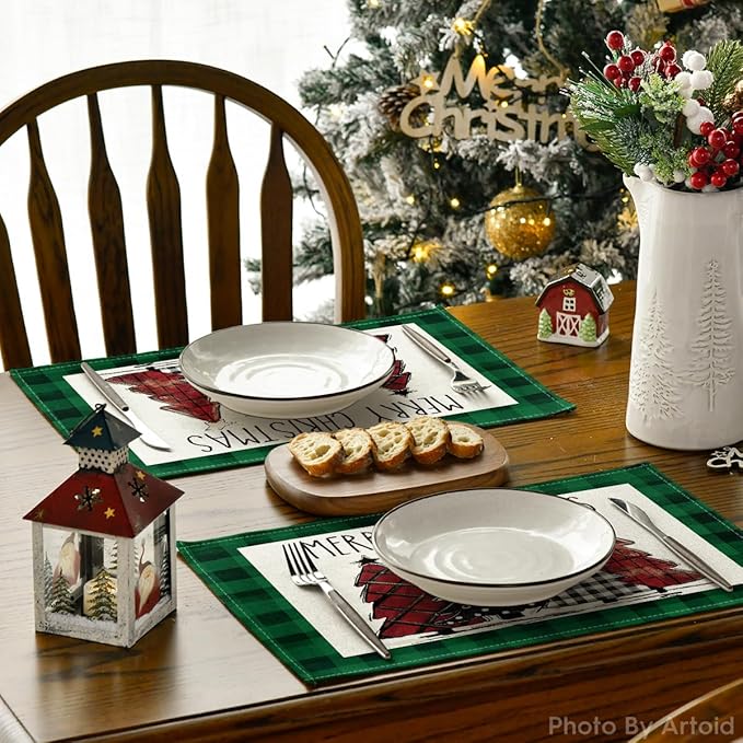 Artoid Mode Waterclor Green Buffalo Plaid Christmas Trees Placemats Set of 4, 12x18 Inch Winter Table Mats for Outdoor Home Party Kitchen Dining Decor