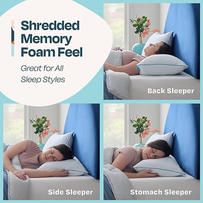 Linenspa Two Pack Shredded Gel Memory Foam Pillow, Standard Size – Cooling Bed Pillow – Soft and Supportive – Side, Stomach, and Back Sleepers – Pack of 2 – CertiPur Certified