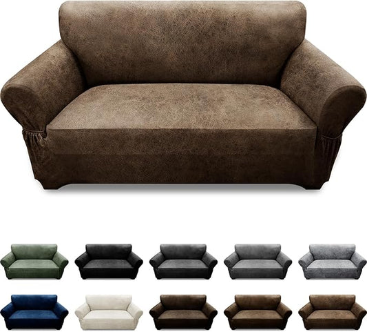Loveseat Sofa Slipcover Leather Look Couch Covers for 2 Seater Couch Sofa 1-Piece Sofa Cover Stretch Furniture Protector with Elastic Bottom & Pockets(Loveseat, Light Brown)
