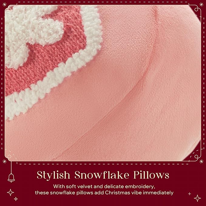 Phantoscope Merry Christmas Snowflake Shaped Throw Pillow, Velvet Xmas Embroidered Snowflake Pillow Decorative Christmas Cushion Pillow for Couch Living Room Bed, Pink, 16 x 16 inches