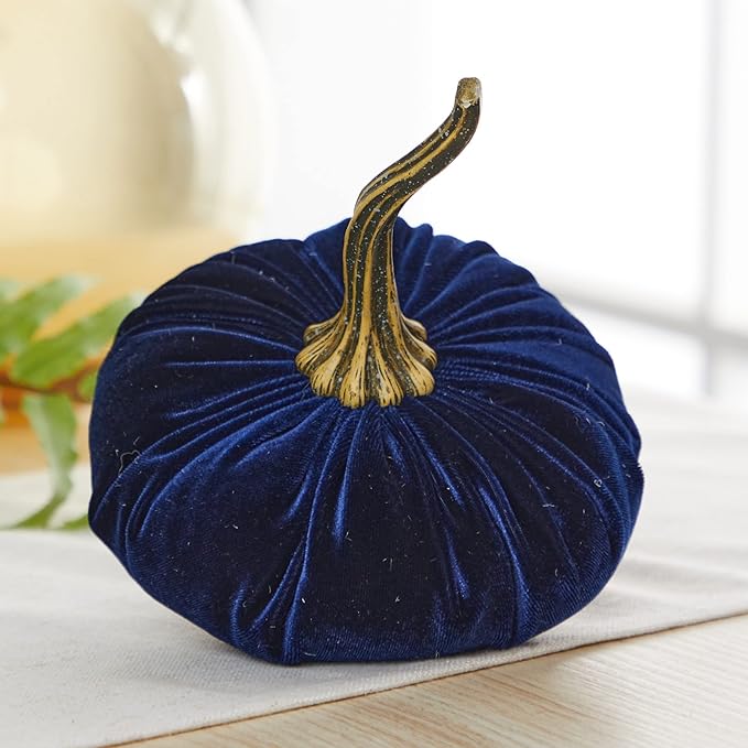 Set of 3 Velvet 6.25 Inch Pumpkins, blue pumpkins, gift set, hygge home, autumn tablescape, bowl filler for kitchen decor, bedroom decor, fall indoor decor (Luxe Indigo, Navy, Ivory)