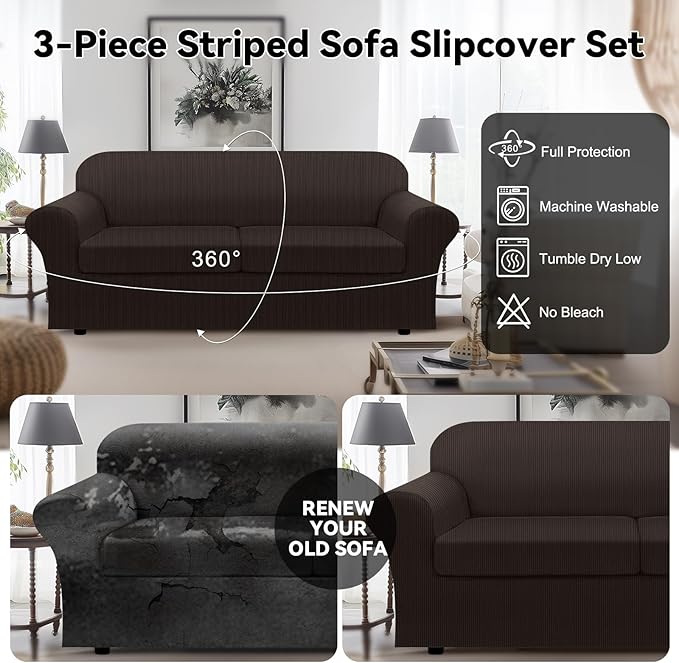 100% WaterproofCouch Cover 3-Piece Set Striped Sofa Slipcovers for 2 Cushion Couch Sofa Covers with TPU Leakproof Bottom Stretch Couch Protector Pet Proof - Sofa(2-Cushion), Coffee