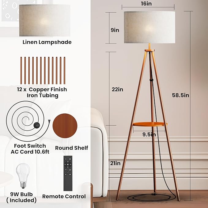 Tripod Floor Lamp with Shelves, Mid Century Modern Metal Standing Lamp with Remote & App Control, Dimmable RGB Smart Bulb Included, E26 Base for Living Room, Bedroom, Office - Boho Decor
