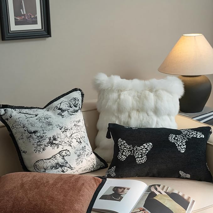 New 20x20'' inches Throw Pillow Cushion Covers - Black Jungle Tiger with Edge Strip Chenille Jacquard Embroidery Luxury Modern Style Couch Sofa Bed Pillow Cover for Living Room Bedroom