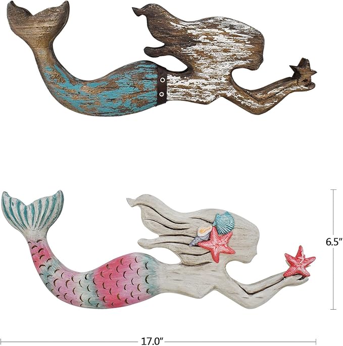 Veclotch Wood Mermaid Nautical Beach Wall Decor, Rustic Mermaid Wooden Hanging Coastal Wall Art Sculpture for Home, Lake House, Ocean Bathroom Decor