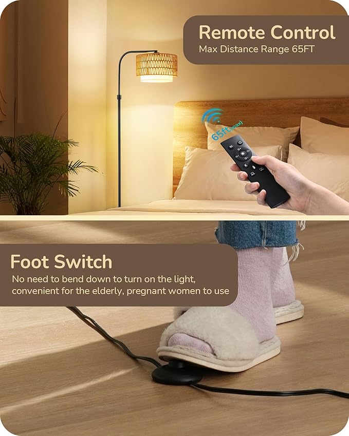 EDISHINE Arc Floor Lamps for Living Room Rattan Boho Floor Lamp with Remote Control,Dimmable Standing Lamp Wicker Lamp Shades Black Standing Lamp with 5 Color Temperature Tall Floor Lamps for Bedroom