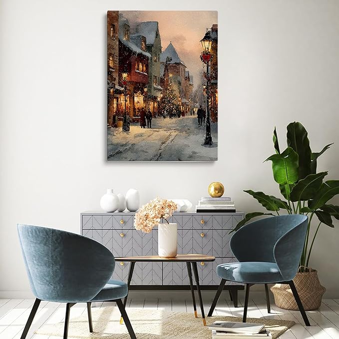 Vintage Christmas Village Prints- Nostalgic Xmas Painting,Snowy Village,Rustic Holiday Decor,Cottage-core Christmas Tree Prints