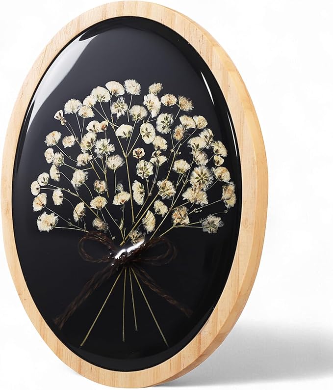 Kathfly Wooden Pressed Flower Wall Decor Resin Natural Baby's Breath Wall Art Framed Dried Flower Artwork with Bow Boho Floral Hanging Decor for Bedroom Living Room Gallery Office(5x7 Inch)