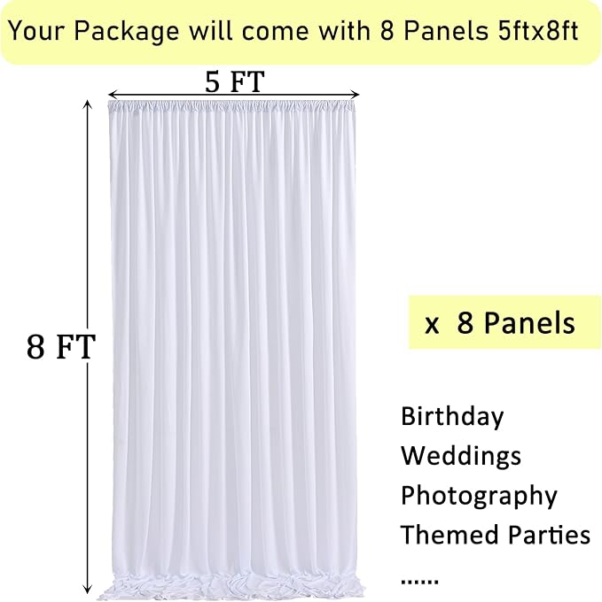 40ftx8ft Wrinkle Free White Backdrop Curtains for Parties, 8 Panels 5x8ft Thick Polyester Backdrop Drapse for Weddings Birthday Photography Background Curtains