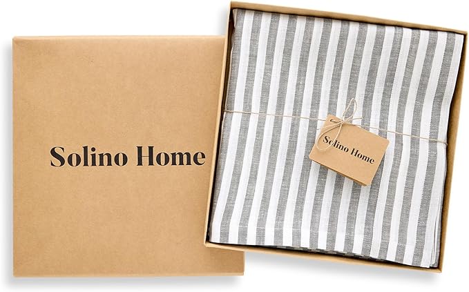 Solino Home Linen Tablecloth 60 x 108 Inch - Amalfi Stripe 100% Pure Linen Grey and White Table Cloth for Rectangle Tables - Machine Washable Fabric Tablecloth for Fall, Autumn