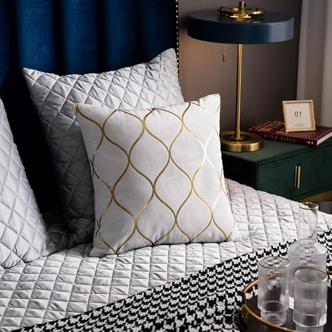 Gold Velvet Throw Pillow Covers Off White: 2 Pack 16x16 Inch Square Decorative Pillow Cases for Bedroom Sofa Couch Living Room