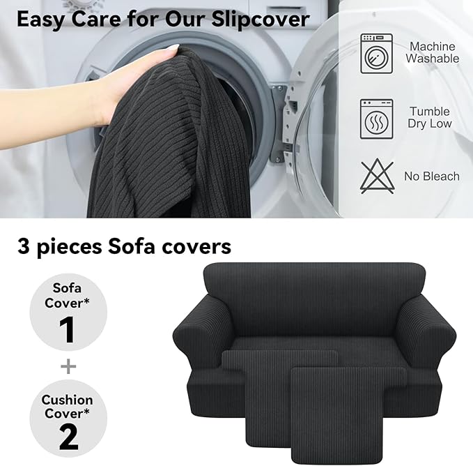 Waterproof Loveseat Cover 3-Piece Set Striped Slipcover for 2 Separate T Cushion Couch - TPU Fabric 2-Seater Sofa Covers Leakproof Couch Protector for Kids, Pets(Loveseat, Dark Gray)
