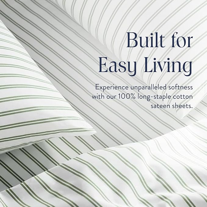 Brooklinen Luxury Sateen 4 Piece Sheet Set - 100% Cotton Bed Sheets, Durable King Size Sheet Set in Green Tandem Stripe, Oeko-TEX Certified Bedding Set, 1 Fitted Sheet, 1 Flat Sheet, 2 Pillowcases