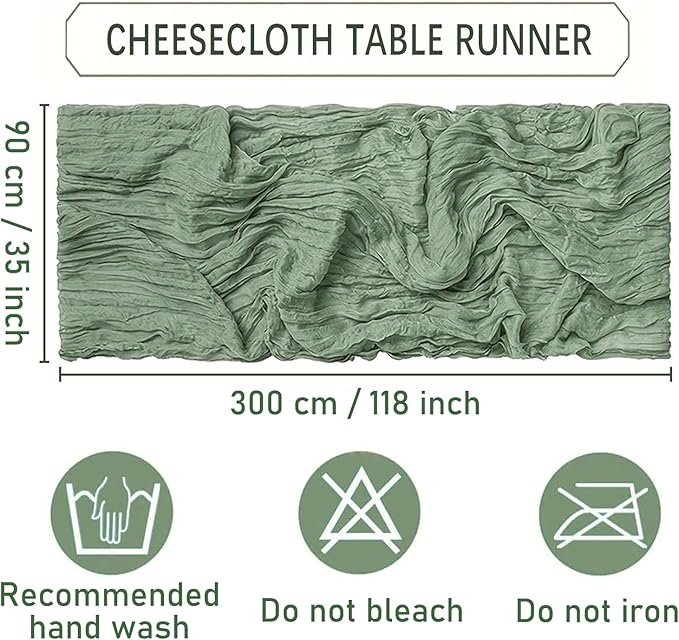 12 Pack Sage Green Cheesecloth Table Runner 35 x 120 Inch Gauze Fabric Boho Table Runners for Wedding Arch, Rustic Bridal Shower, Baby Shower, Party Decorations, Farmhouse Home Decor