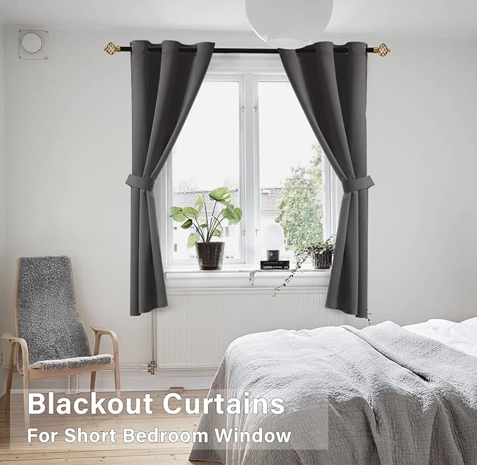 Black Out Blinds for Window Modern Kitchen Bedroom Small Windows,2 Panels Grommet Winter Thermal Blocking Nursery Thick Blackout Short Half Curtains for Windows,Charcoal Dark Grey Gray,45 inch Length