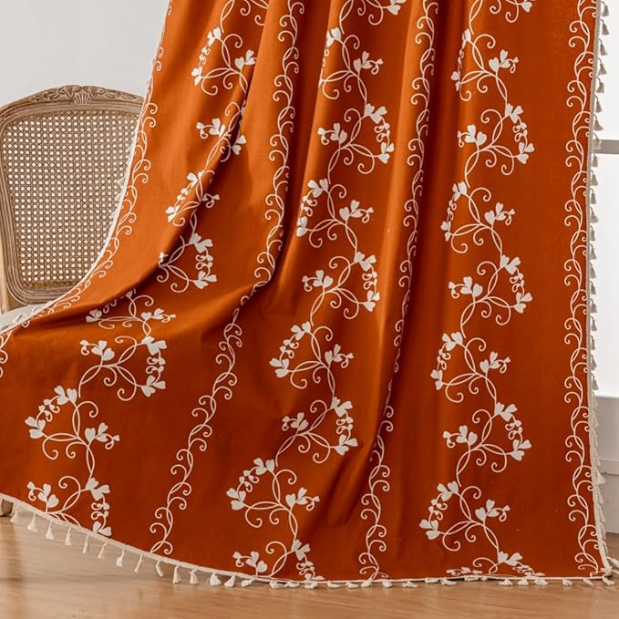 Burnt Orange Curtains Bohemian Farmhouse Curtains for Bedroom, Cotton Linen Blend Toile Curtain Printed Floral Terracotta Rustic Curtain Drapes 2 Panel 55" W x 63" L