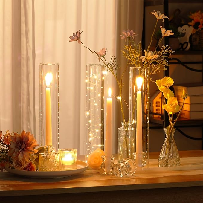 96 Set Christmas Glass Hurricane Candle Holders 12.6" Open Ended Glass Candleholder Tube Shape Bottomless and 2.2" Taper Clear Candlestick Holders for Wedding Party Table Centerpiece (Clear)