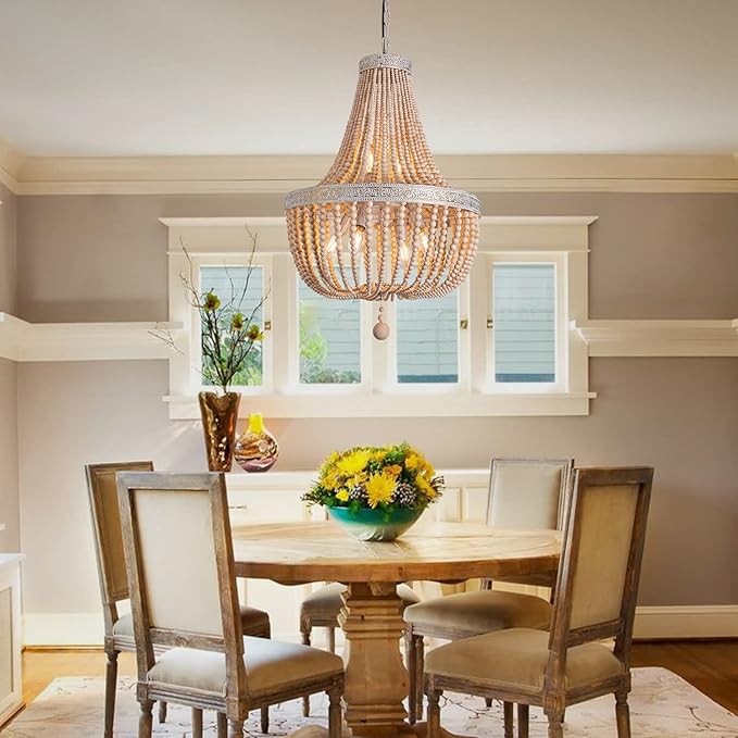 6-Lights Farmhouse Boho Wood Bead Chandelier,Modern Natural Wooden Beaded Pendant Light Fixture,E12 Adjustable Pendant Lighting for Dining Room Living Room Bedroom