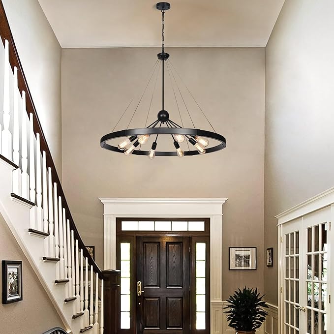 38.2'' Large Black Wagon Wheel Chandelier for Dining Room, 8-Light Country Round Metal Pendant Light Fixtures for Living Room Entryway Foyer Stairs Kitchen Island