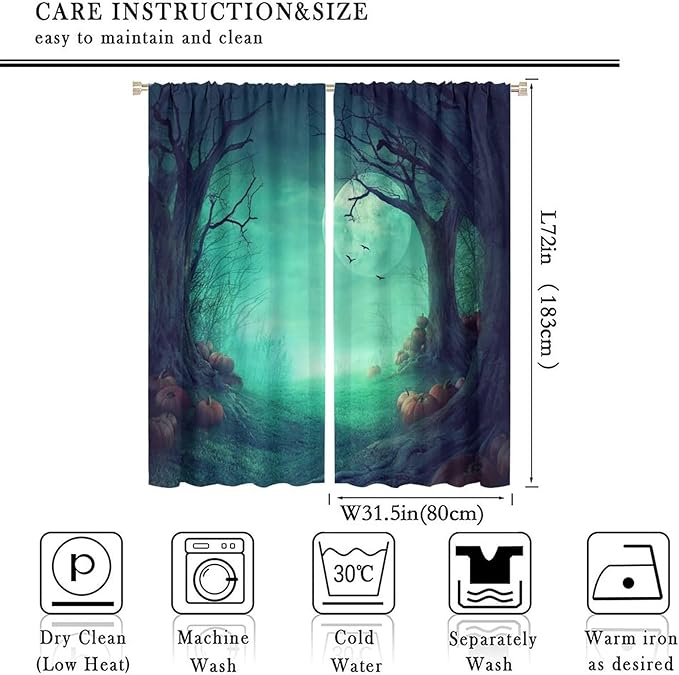 Gothic Mushroom Blackout Window Curtains, Misty Dark Black Forest Moon Halloween Window Drapes, for Living Room Bedroom 31.5(W)*72(L) 2 Panels