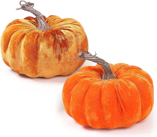 2pcs Velvet Fake Pumpkins Fall Harvest Fabric Foam Pumpkin Thanksgiving Halloween Decor for Table Centerpiece Wedding Farmhouse (2, Orange Gold, M)