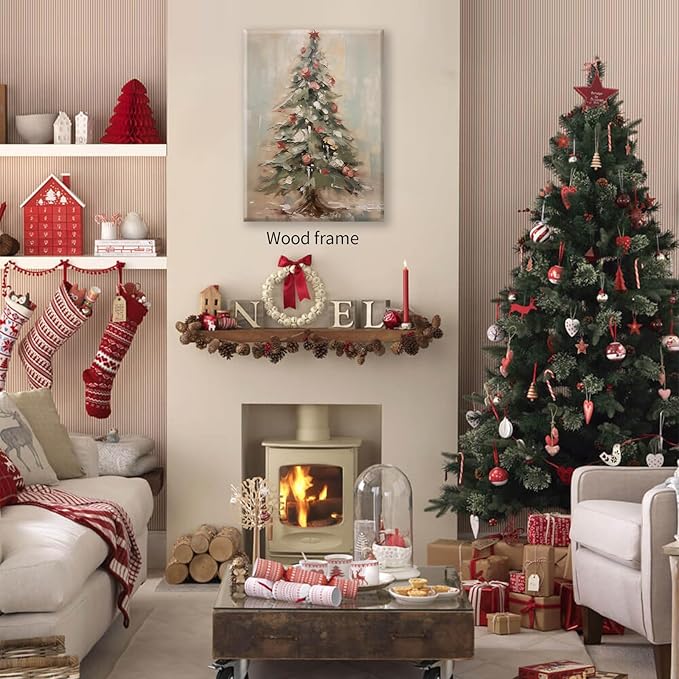 Winter Christmas Tree Wall Art Vintage Nature Botanical Pine Poster 08x10 inch Framed Forest Cottagecore Canvas Painting Prints for Living Room Office Wall Decor