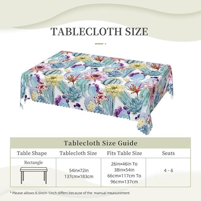 Cactus Table Cloth for Dining Tables, Reusable Blue Succulents Flowers Bloom Vibrant Watercolor Plant Tablecloths Decoration Tabletop Rectangle Table Cover for Kitchen,Party,Banquet,54x72In