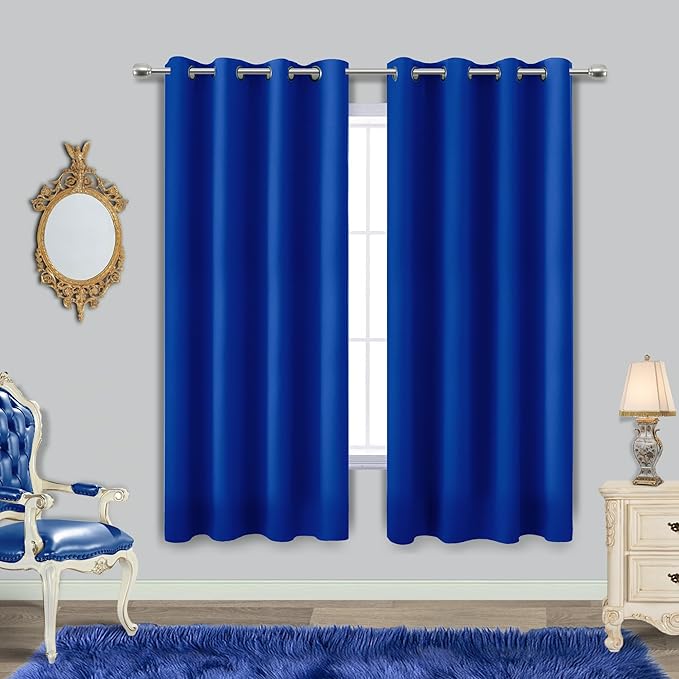Blue Curtains 63 Inch Length for Boys Room Set 2 Panels Grommet Window Drapes Sun Light Blocking Insulated Thermal Room Darkening Blackout Curtains for Kids Bedroom Royal Dark Bright Blue 52x63 Long