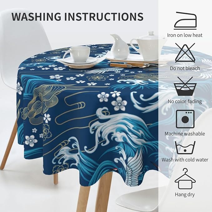 Japanese Tablecloth, Blue Traditioanal Chinese Landscape Great Waves Oriental Vintage Cherry Blossom Water Resisitant Table Cover for Dining Kitchen Living Room Home Party Holiday Decor 70 inch Round