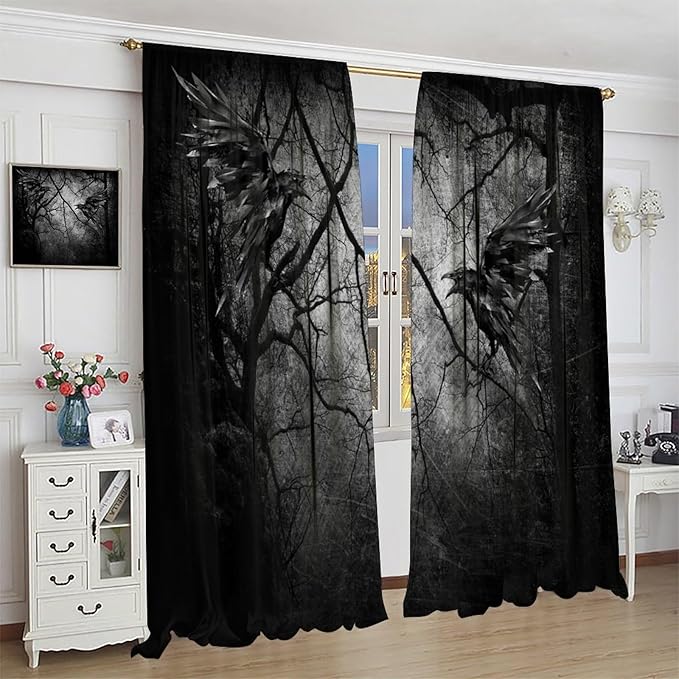 Gothic Crows Blackout Curtains, Black Forest Tree Spooky Foggy Mysterious Horror Theme Window Drapes, for Living Room Bedroom 21(W)*63(L) 2 Panels