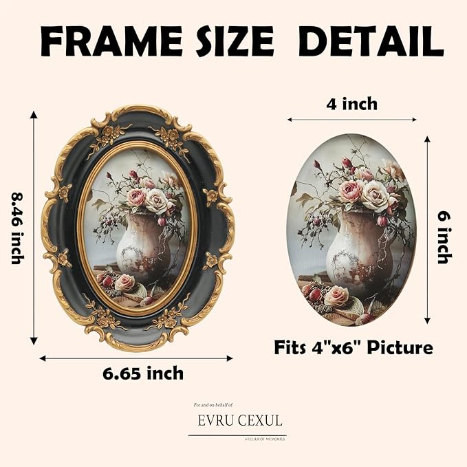 Oval Vintage Picture Frame 4x6 - Ornate Black Gold Photo Frame 4 By 6, Antique Photo Frames 4x6in, Rustic 4x6 Small Frames Retro Decorative Wall Hanging For Home Decor