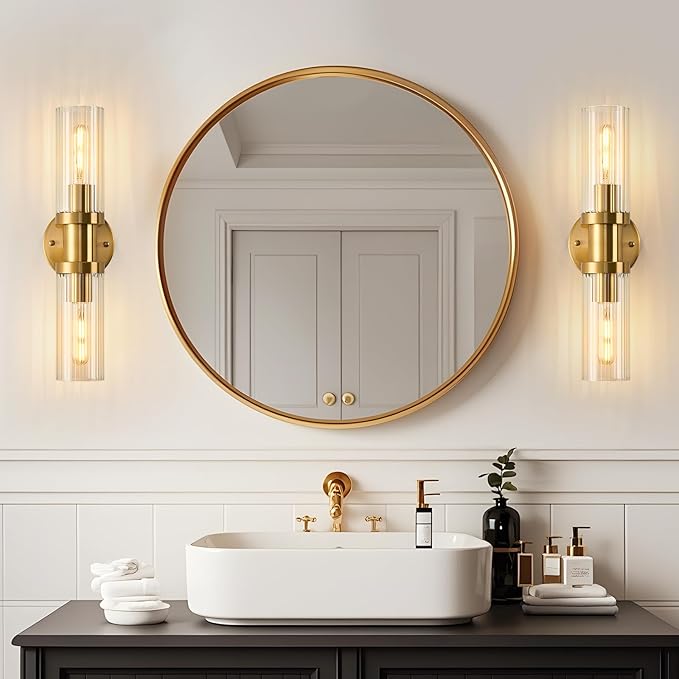Gold Wall Sconces Set of Two, 17.5 inch Brushed Gold Vanity Light with Stripped Glass Shade, Indoor Wall Lights for Mirror, Bathroom, Kitchen, Living Room（2 Pack）