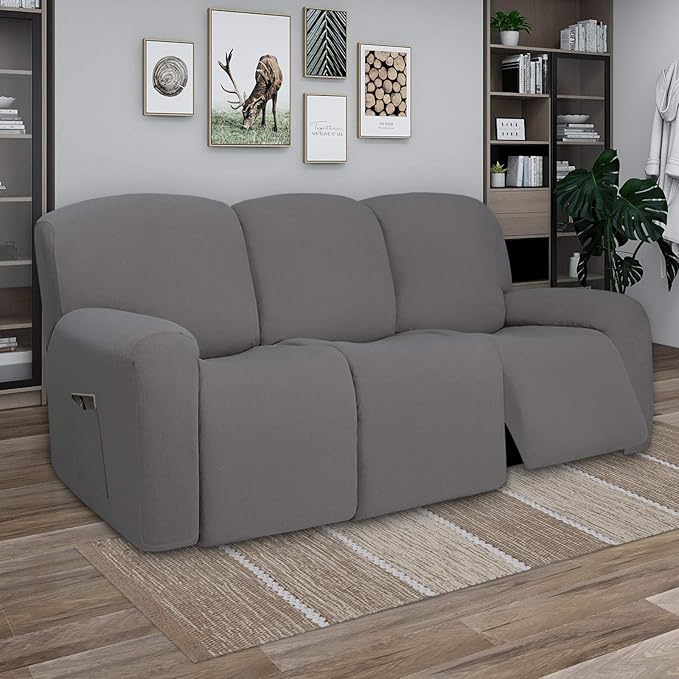 PureFit Super Stretch 3 Seats Recliner Chair Sofa Couch Cover with Pocket – Non Slip Soft Sofa Slipcover, Washable Spandex Reclining Furniture Protector for Kids, Pets (Recliner Sofa, Light Gray)