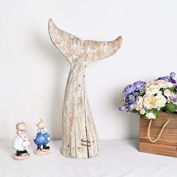 Morning View Whale Tail Decor Tabletop Nautical Decor Wood Whale Sculpture Rustic Whale Tail Statue Carved Figurine Coastal Home Beach House Decor Ocean Mediterranean for Shelf Bathroom 19.5 Inch Tall