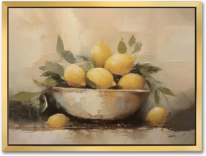 AIMAILON Vintage Gold Canvas Wall Art Framed Decor Classical Print Home Decoration for Kitchen Living Room Expressive Brushstrokes Yellow Lemon Lemon with Leaves Still Life Picture 12x16