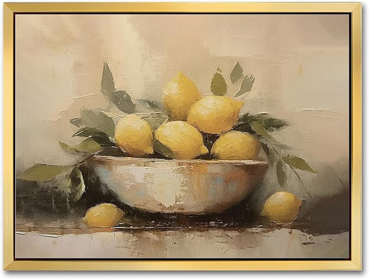 AIMAILON Vintage Gold Canvas Wall Art Framed Decor Classical Print Home Decoration for Kitchen Living Room Expressive Brushstrokes Yellow Lemon Lemon with Leaves Still Life Picture 12x16