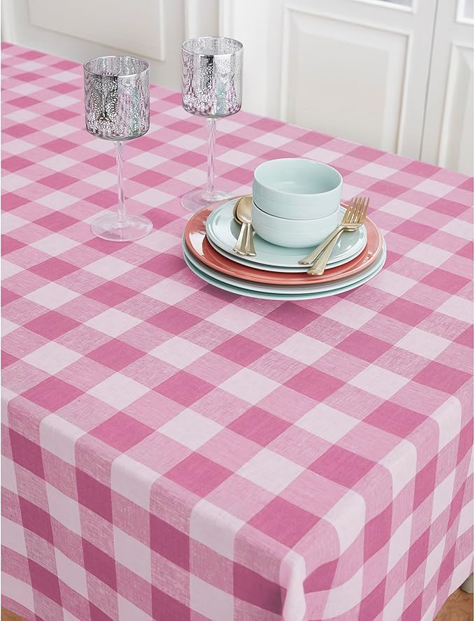 Solino Home Linen Checkered Tablecloth 60 x 90 Inch - 100% Pure Linen Pink Begonia Buffalo Plaid Table Cloth for Rectangle Tables - Machine Washable Tablecloth