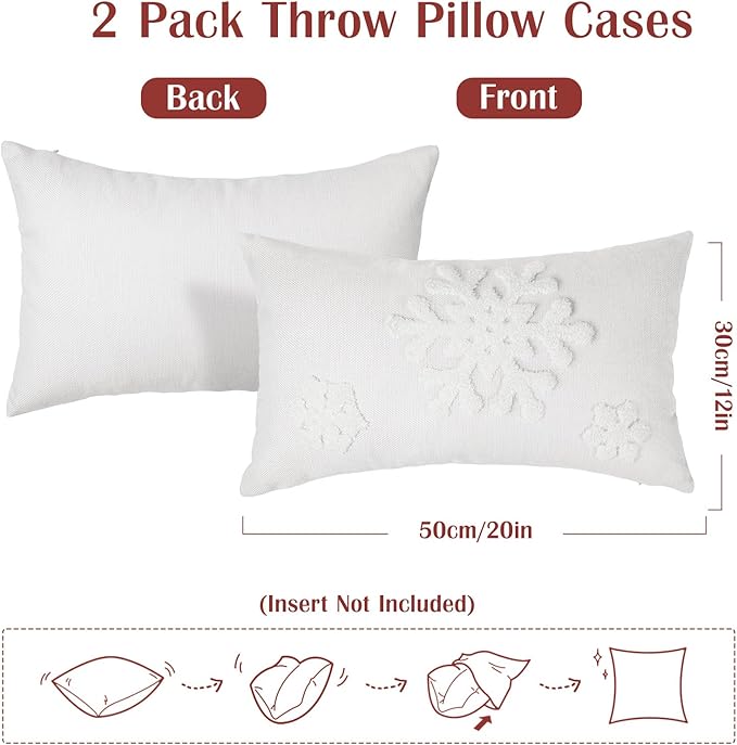 Lewondr Christmas Throw Pillow Cover, 2 Pack Snowflake Embroidery Decorative Throw Pillow Case Linen Sofa Cushion Cover for Party Thanksgiving Day Xmas Decor 12"x20"(30x50cm) - White