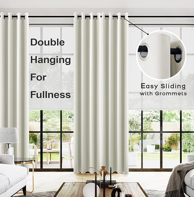 Cream Satin Polyester Curtains 96 Inch Long 2 Panel Set Grommet Elegant Floor to Ceiling Modern Curtain for Living Room, Thermal Blackout Darkening Drapes for Bedroom 52x96 In Length, Ivory Off White
