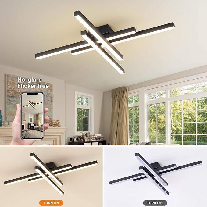 JAYMP Modern Ceiling Light with Remote, 43.3" Black Sputnik Ceiling Lamp, 64W Dimmable LED Lighting Fixture for Dining Room, Living Room, Kitchen Island, 4 Lights