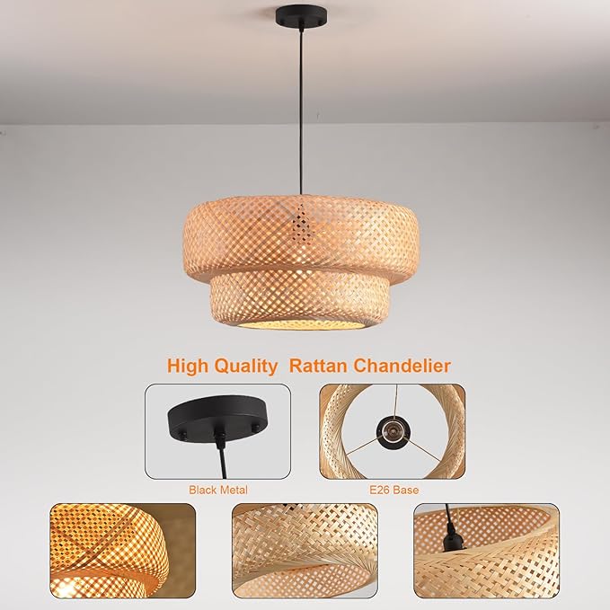 18.12 Inch Bamboo Pendant Light Hand Woven Basket Lights Rattan Pendant Light for Kitchen Island Dining Room Living Room Bedroom Foyer