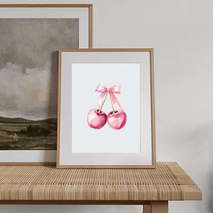 Trendy Pink Bows Wall Art Coquette Preppy, Vintage Preppy Cherry Posters Prints, Pink Girly Room Aesthetic Wall Decor Painting For College Dorm Living Room Bedroom Unframed 8x10