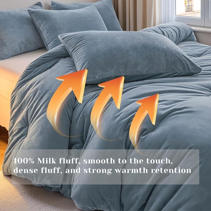 Velvet Comforter Set Twin Size, Grey Blue Fluffy Velvet 3 Piece, Soft Breathable Luxury Winter Warm Bedding Sets, with 1 Cozy Comforter, 2 Pillow Shams