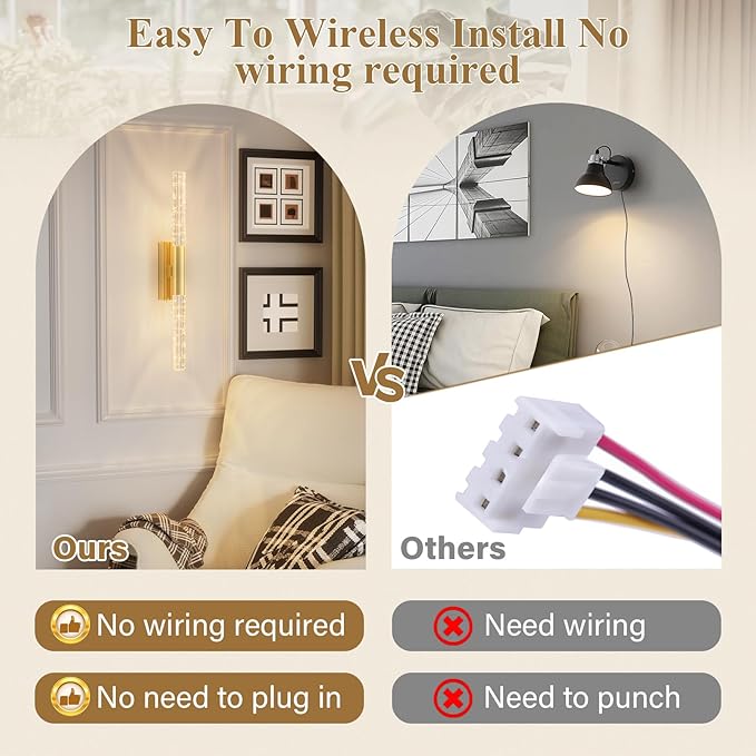 camuucci Battery Operated Gold Wall Sconces Set of 2 Rechargeable Battery Powered Wall Light with 12000mAh Not Hardwired Dimmable Wall Lamp Fixtures for Bedroom Living Room 25.6 Inches