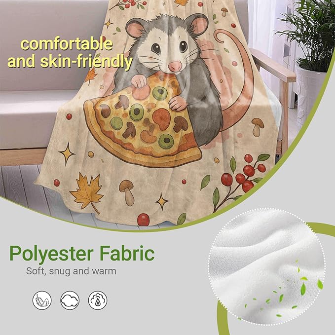 Cute Opossum Flannel Throw Blanket, 60"x80", Funny Animal and Pizza, Soft Warm Lightweight Blankets, Machine Washable, Adults Kids Gifts, Outdoor Indoor Travel Hiking Nap Throw, Home Decorate