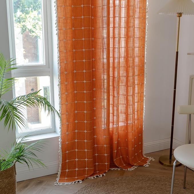 Sutuo Home Boho Curtains for Bedroom, Light Filtering Linen Plaids Farmhouse Tassels Window Treatment Bohemian Embroidery Drape for Fall Halloween Decor, Rod Pocket 1 Panel 52" W x 96" L, Burnt Orange