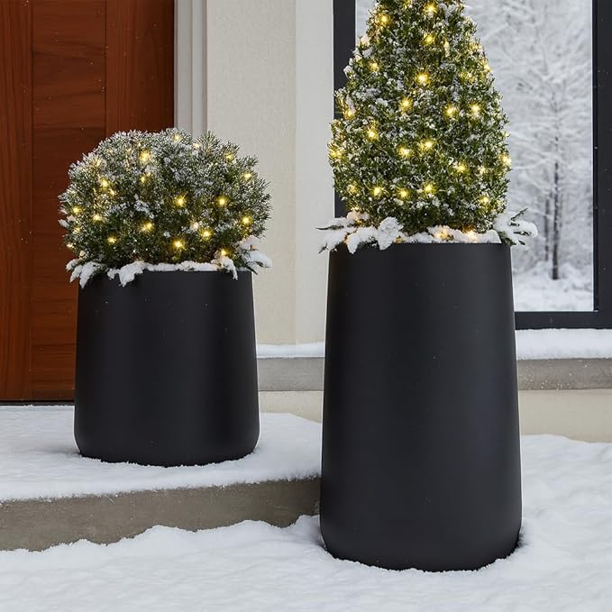 13" H x 12.6" D Conico Fiberstone Round Planter - Christmas Tree Planter, Smooth Finishes, Weather Resistant for Indoor and Outdoor Use, Included 2 Extra Coco Mats (Taupe, 10" Pot Opening)