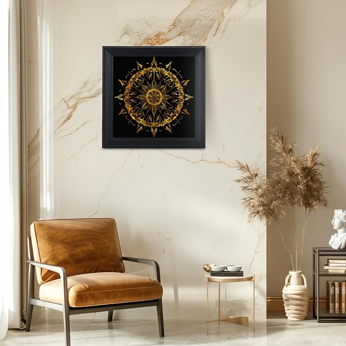 Brivoria Mandala Wall Art Home Decor, Large Radiant Golden Mandala with Layered Frame Design, Modern Spiritual Statement Wall Decor for Living Room Office Entryway or Meditation Space, 20x20